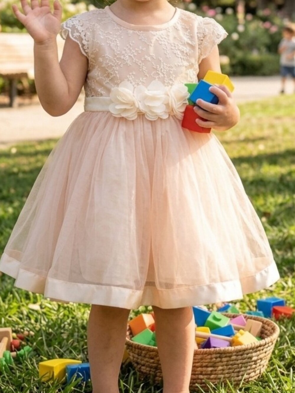 SHEIN Blush Pink Floral Embroidered Tulle Dress for Girls